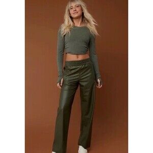Offline by Aerie Real Luxe Faux Leather Green Wide Leg Pants Women's Size Small